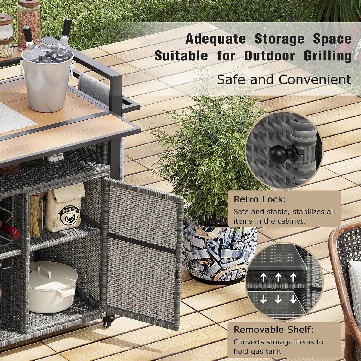 Grey Rattan Rolling Outdoor Bar Cart