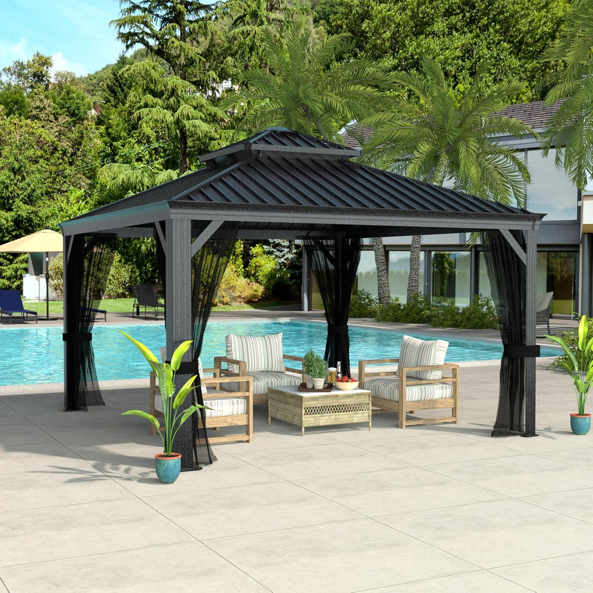 Black 12'x12' Hardtop Gazebo With Mosquito Netting