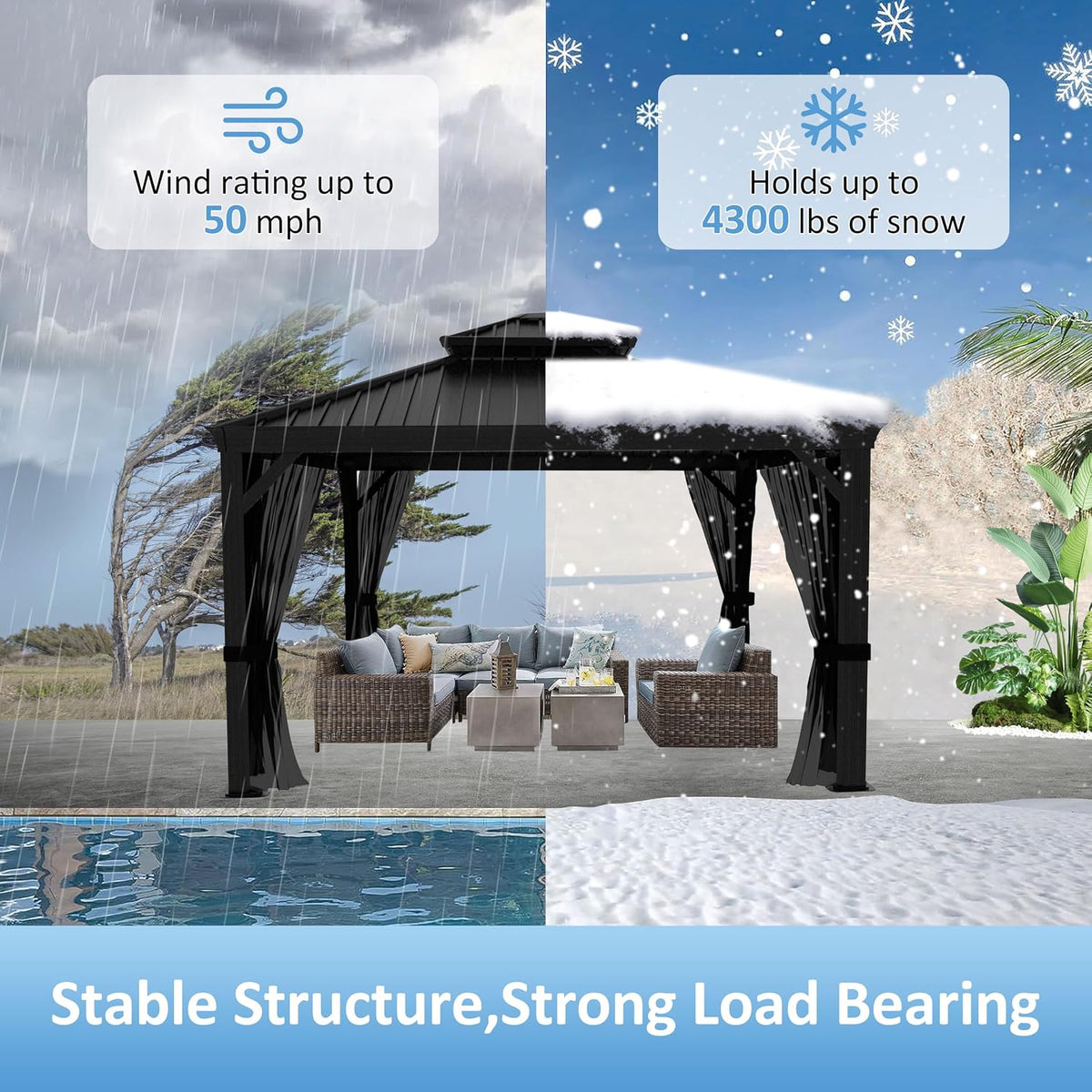 Black 12'x12' Hardtop Gazebo With Mosquito Netting