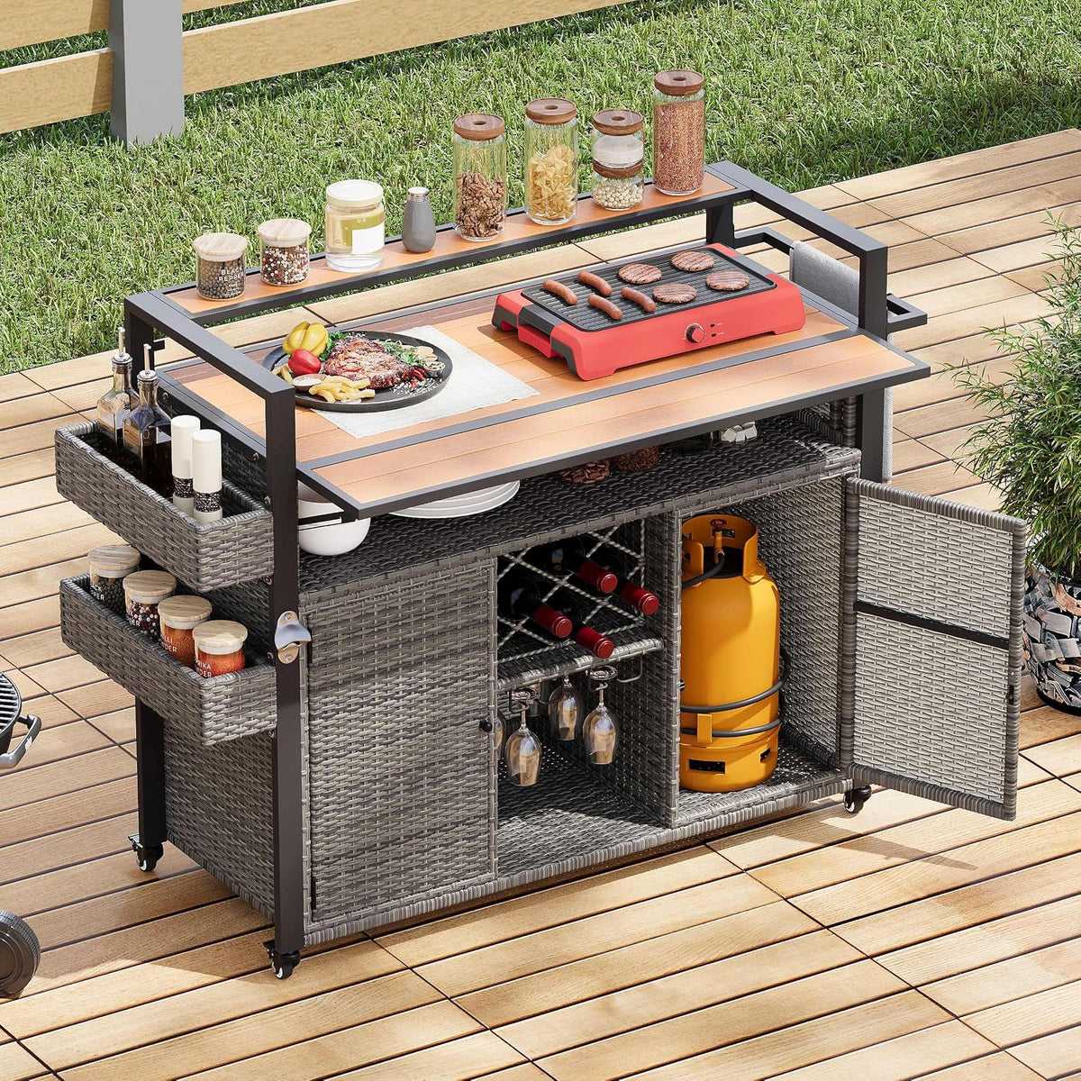Grey Rattan Rolling Outdoor Bar Cart