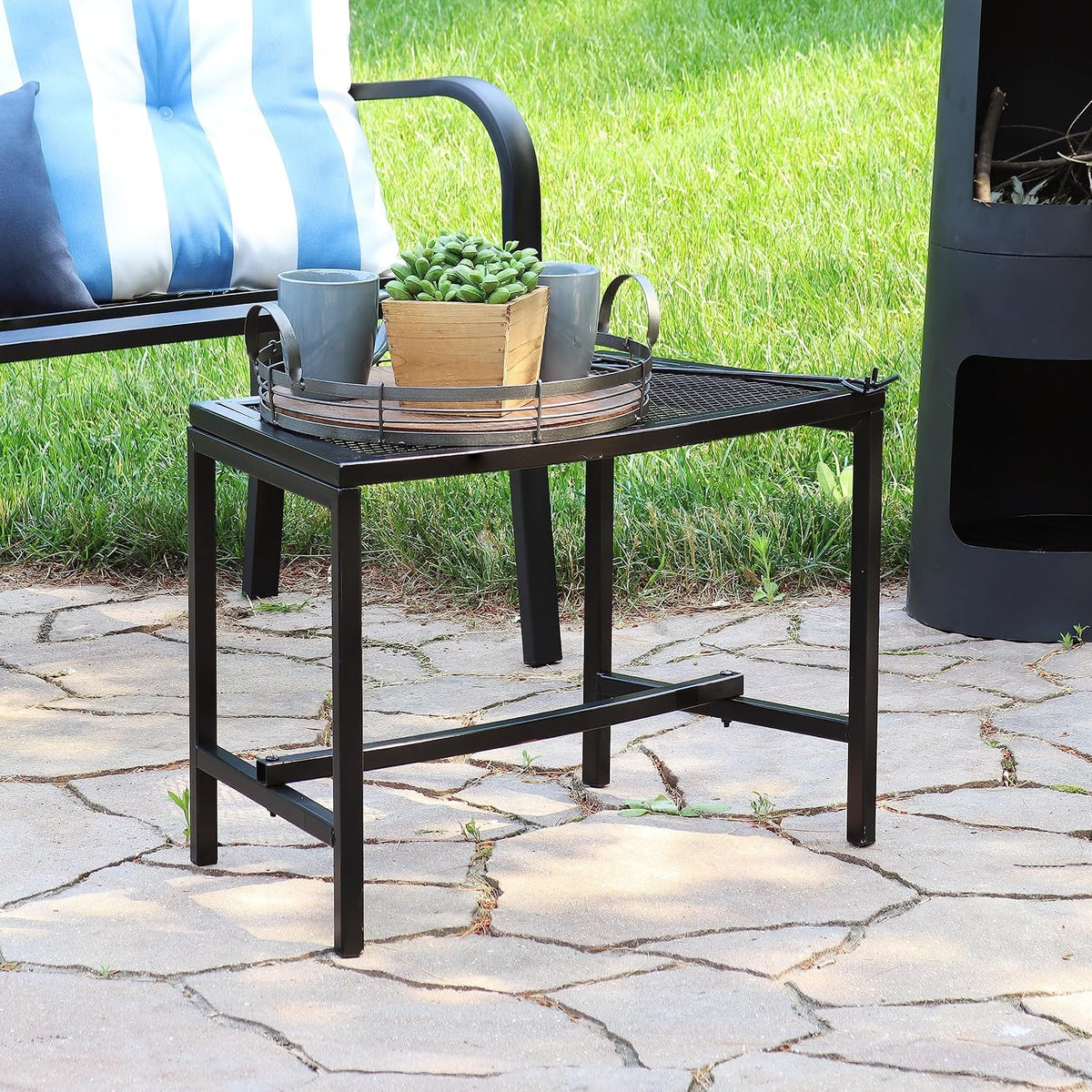 Black Metal Mesh Curved Fire Pit Bench Set‑2